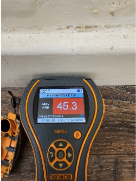 Pin moisture reading confirming elevated moisture levels within timber